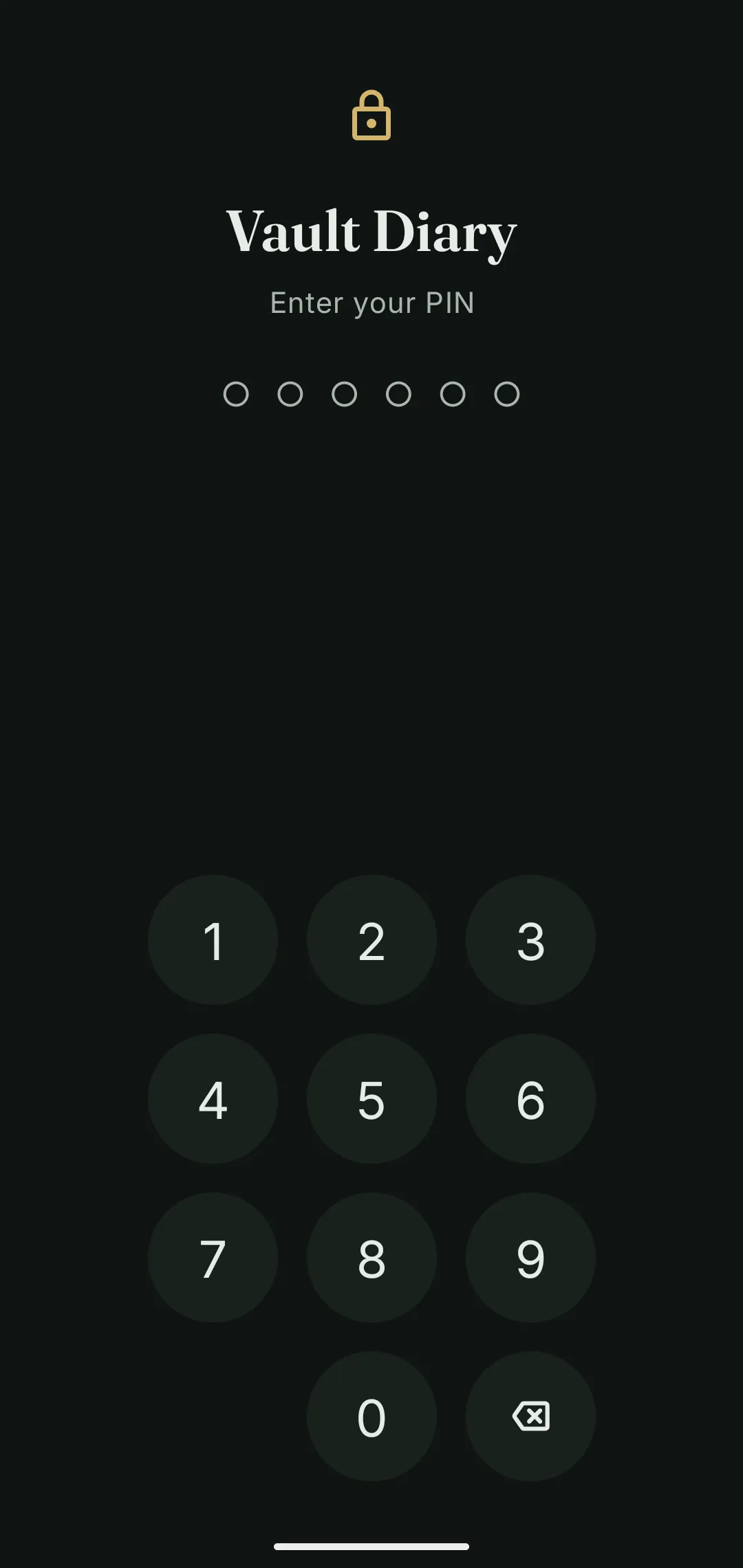 Vault Diary lock screen with PIN keypad