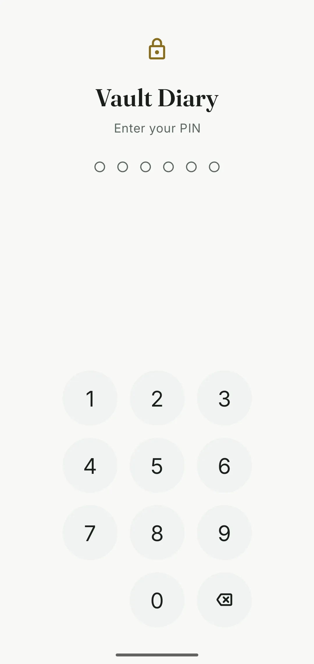 Vault Diary lock screen with PIN keypad